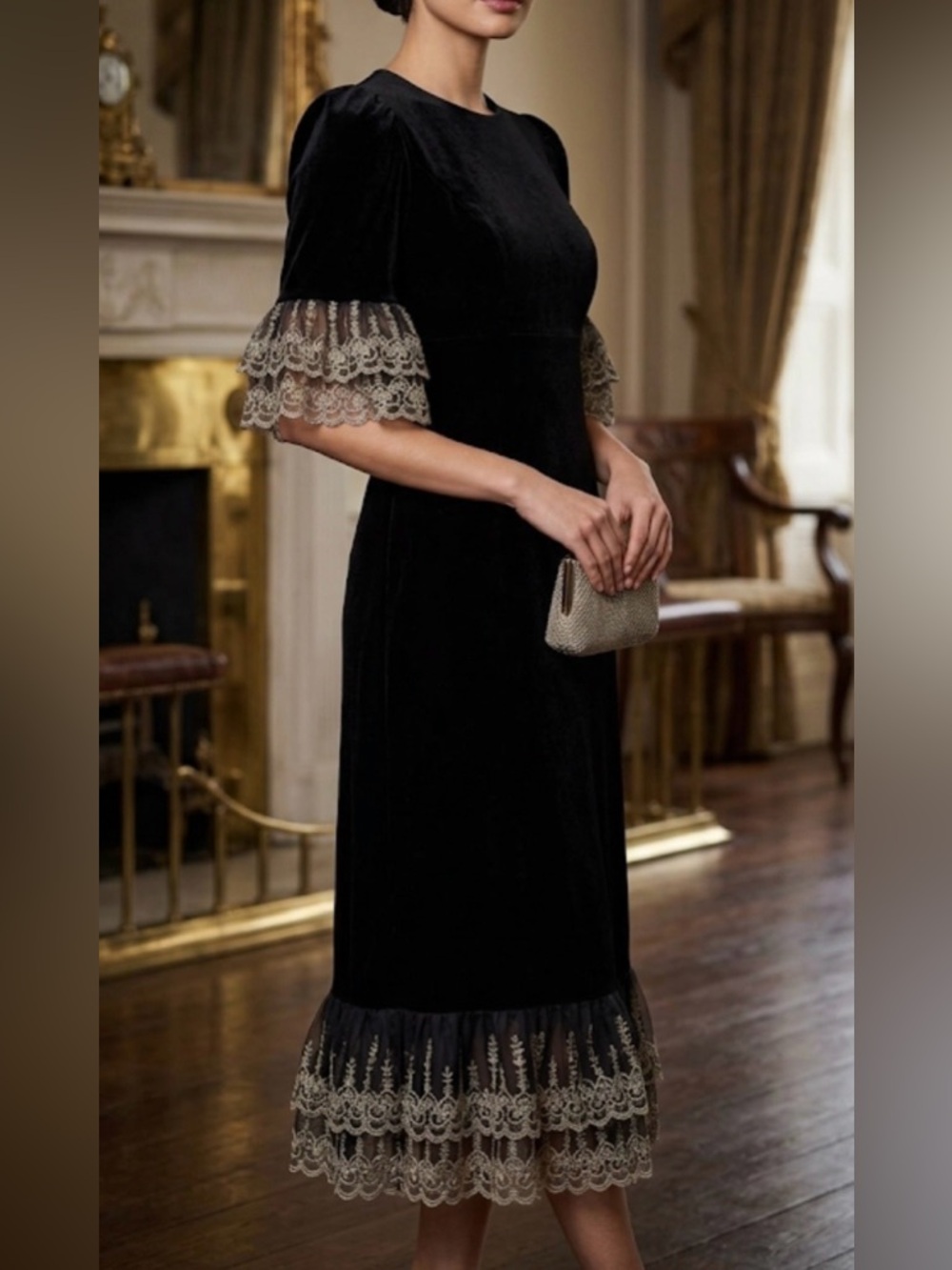 Tuckernuck Pomander Place Lillith Black Velvet Gold Lace Maxi Dress Small - Picture 2 of 4